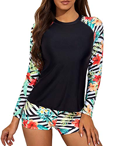 Crew Neck Two Piece Womens Rash Guard Swimsuit-Black And Striped Leaves