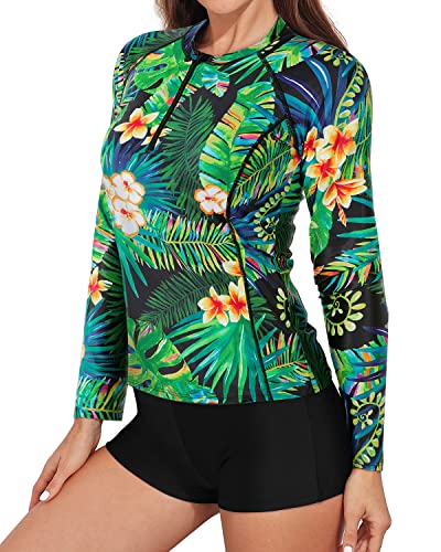 Upf 50+ Women's 2 Piece Rash Guard Set-Tropical Leaf