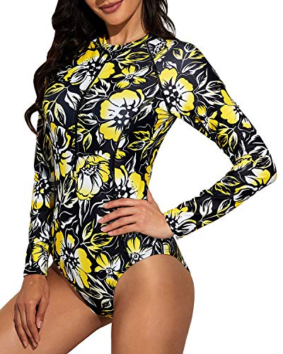 Women's Surfing Rash Guard Swimsuit Zipper And Upf 50 Protection-Black And Yellow Floral