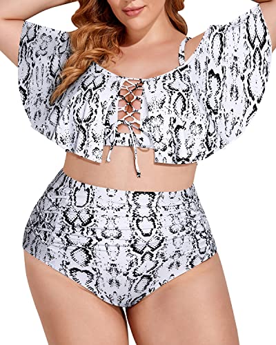 2 Piece Stylish Lace Up Plus Size High Waisted Bikini-Snake Print