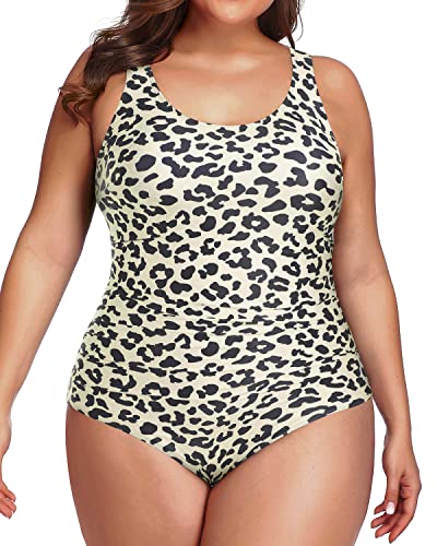 Athletic Tummy Control Ruched One Piece Swimsuit For Plus Size Women-Leopard