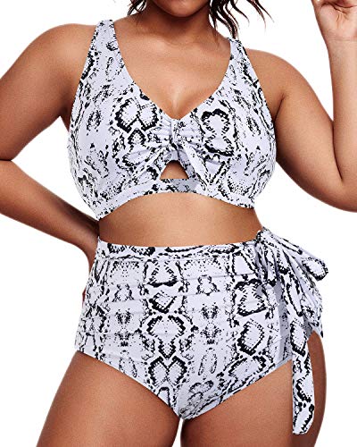 Flattering High Waisted Bikini Plus Size Tie Knot Bathing Suit-Snake Print