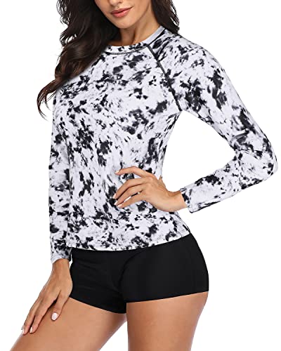 Ladies Two Piece Long Sleeve Rash Guard Bathing Suit-Black And White Tie Dye