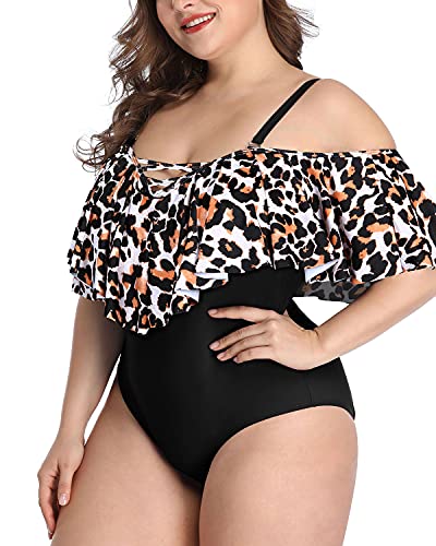 Off Shoulder Ruffle Plus Size Swimsuits-Black And Leopard