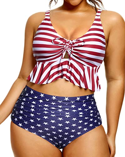 Chic And Sexy Flounce Hemline High Waisted Bikini Plus Size-National Flag