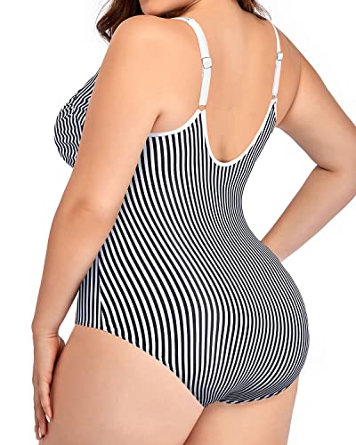 Push-Up Ruched Tummy Control Zip Front Swimsuits-Black And White Stripe