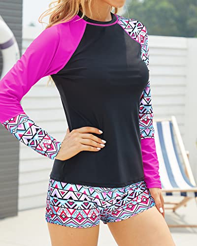 Women's Raglan Sleeves Rashguard Boyshort Bottoms Two Piece Crew Neck Long Sleeve Rashguard-Pink Black Geometry