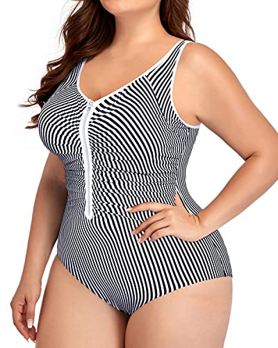 Push-Up Ruched Tummy Control Zip Front Swimsuits-Black And White Stripe