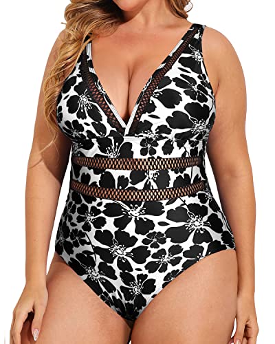 Breathable Bathing Suits For Plus Size Women-Black And White Floral