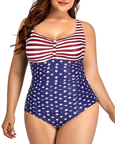 Tummy Control Retro One Piece Swimsuits For Plus Size Women-National Flag