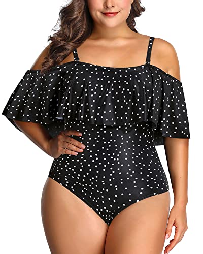 Trendy Flounce Off Shoulder Bathing Suit For Women Plus Size One Piece-Black White Dot