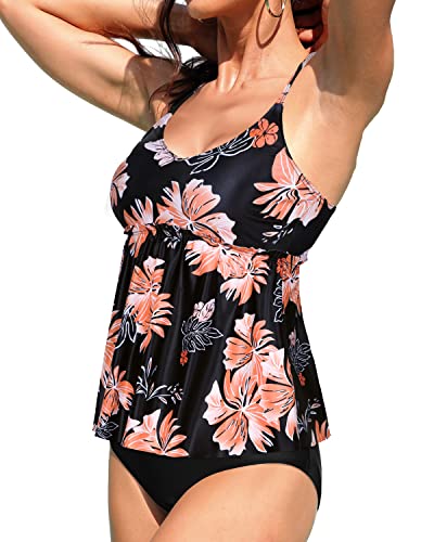 High Waisted 2 Piece Bathing Suit Blouson Tankini-Black Orange Floral