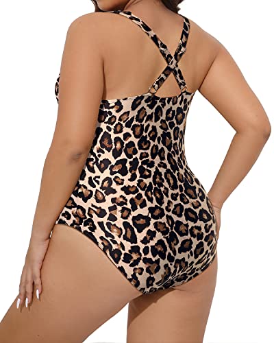 Tummy Control Crochet Trim Plus Size One Piece Swimsuits For Women-Leopard