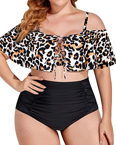 Trendy Ruffle Flounce Two Piece Swimsuit For Plus Size Women-Black And Leopard