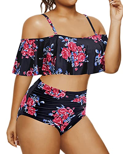 Ruffle Flounce Two Piece Swimsuits For Women Plus Size Bikini Set-Black Floral