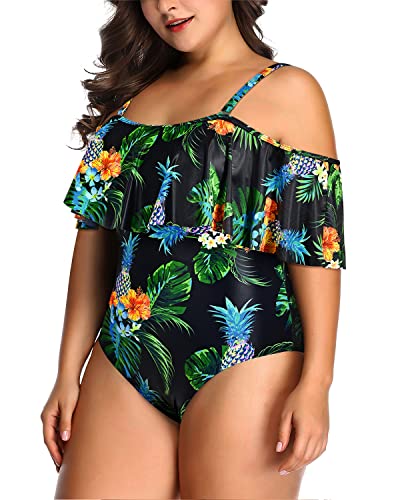 Removable Padded Bra Off Shoulder Plus Size Swimsuit For Women-Black Pineapple