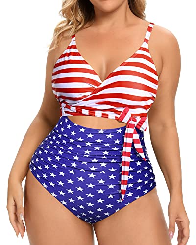 Chic Cutout Open Back High Waisted Swimwear For Curvy Women-Flag