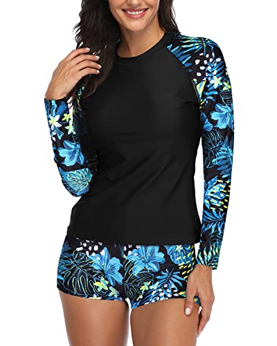 Women's Boyshort Bathing Suit Rash Guard Top-Blue Leaf