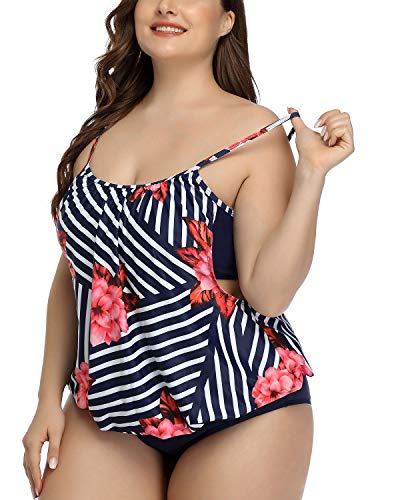 Women's Deep Cut Sides Athletic Plus Size Tankini Swimsuits-Navy Blue And Red Fl