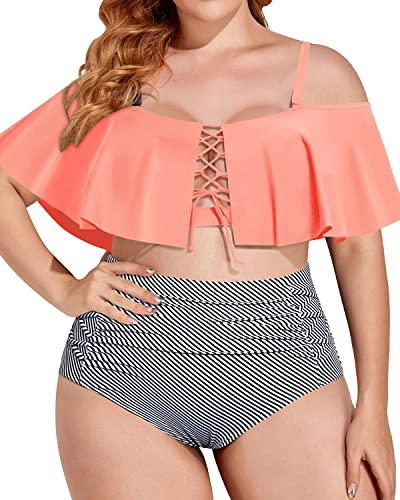 Alluring Plus Size Lace Up Bikini Adjustable Straps For Big Bust-Coral Pink Stripe