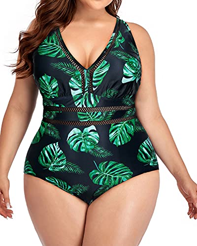 Comfortable And Attractive Plus Size Backless Bathing Suit-Black And Green Leaf