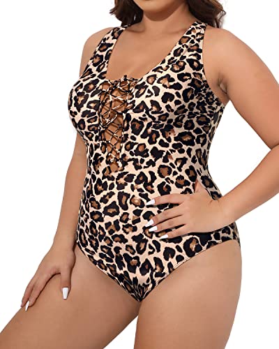 Tummy Control Crochet Trim Plus Size One Piece Swimsuits For Women-Leopard