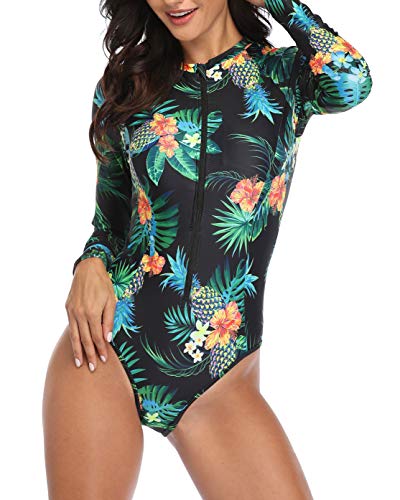 Modest Women's Rash Guard Long Sleeve Swimsuit Built-In Bra-Black Pineapple