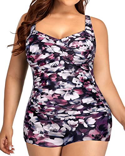 Modest Plus Size Boyshorts Swimsuits Front Twist Tummy Control-Purple Floral