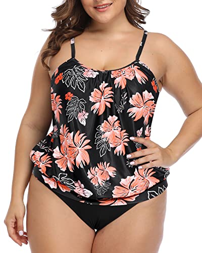 Women's Plus Size Layered Maternity Tankini Swimsuits-Black And Orange Floral