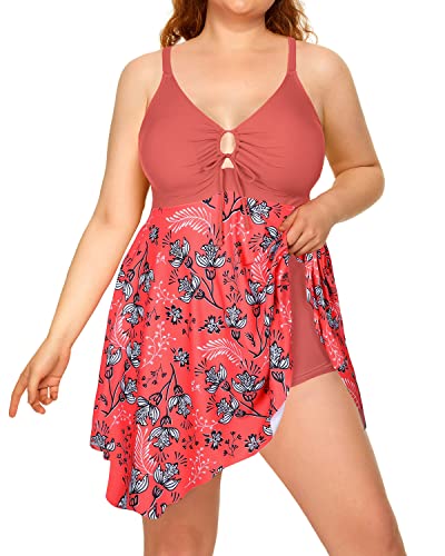 Women Flowy Plus Size Swimdress Boyshorts For Big Bust-Pink Flower