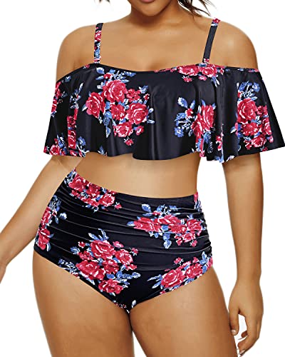 Ruffle Flounce Two Piece Swimsuits For Women Plus Size Bikini Set-Black Floral