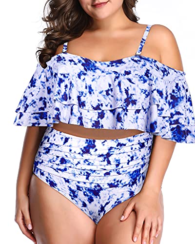 Tummy Control Two Piece Swimsuit For Plus Size Women-Blue Tie Dye