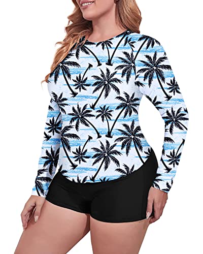 Women's Plus Size Rash Guard Swim Shirt Boy Short Bottoms-Black Palm Tree