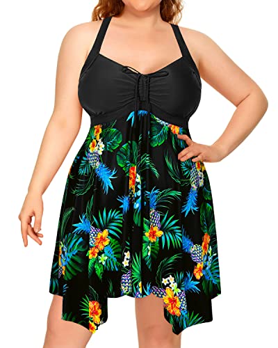 Sexy Cross-Back Flowy Tankini Swimsuits For Plus Size Women-Black Pineapple