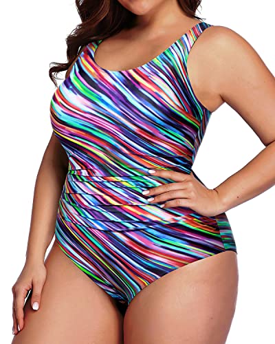 Modest Tummy Control Ruched One Piece Bathing Suit For Plus Size Ladies-Color Striped