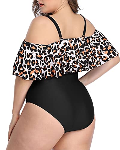 Off Shoulder Ruffle Plus Size Swimsuits-Black And Leopard