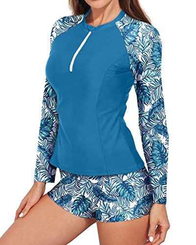 Supportive 2 Piece Rash Guard Bathing Suit For Women-Blue Leaf