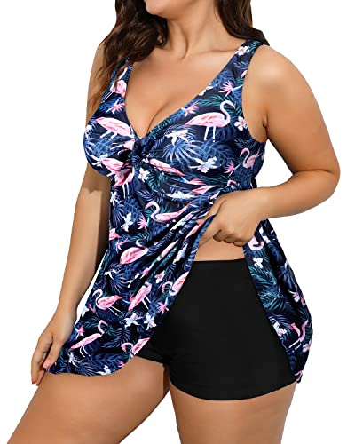 Women Slimming Plus Size Swim Dress Boyshorts Beach Cover Up Dresses-Black Flamingo