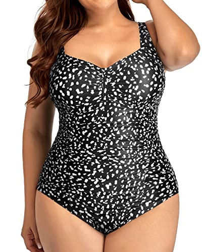 Vintage Ruched Push Up Plus Size Swimsuit For Curvy Women-Black Dot