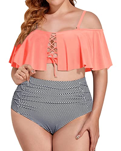 Alluring Plus Size Lace Up Bikini Adjustable Straps For Big Bust-Coral Pink Stripe