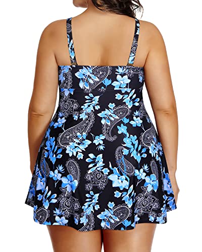 Adjustable Tie-Knot Tankini Swim Dress Boyshorts For Curvy Women-Black Floral