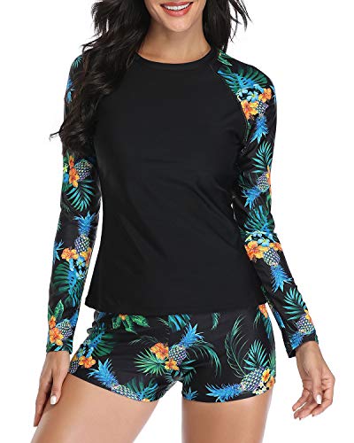 Women's Long Sleeve Two Piece Swimwear Set Uv Protection-Black Pineapple