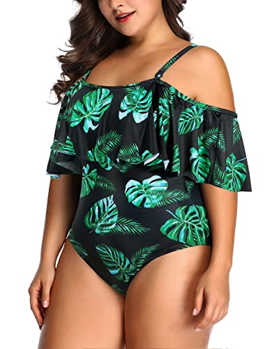 Cute Flounce Top Tummy Control Plus Size Swimwear-Black And Green Leaf