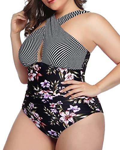 Front Cross Backless Plus Size Swimwear For Women-Stripes And Flowers