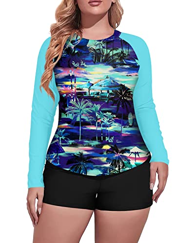 Plus Size Uv Protection Rash Guard Tankini Boy Short For Women-Blue Palm Tree