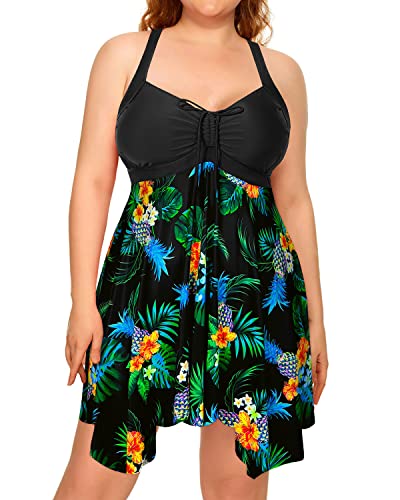 Sexy Cross-Back Flowy Tankini Swimsuits For Plus Size Women-Black Pineapple