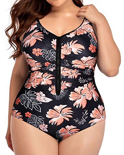 Athletic Plus Size One Piece Zipper Swimsuits For Water Sports-Black Orange Floral