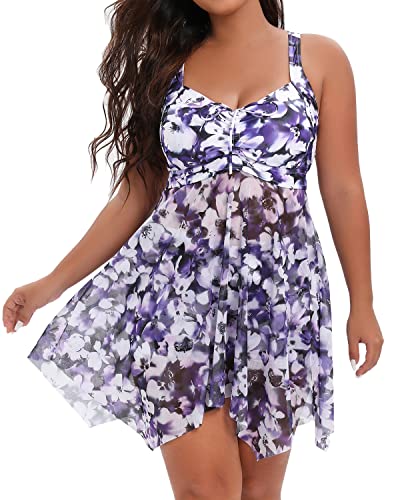 Comfortable Drawstring Tankini Two Piece Swim Dress-Blue Floral