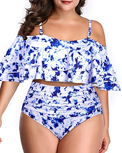 Tummy Control Two Piece Swimsuit For Plus Size Women-Blue Tie Dye