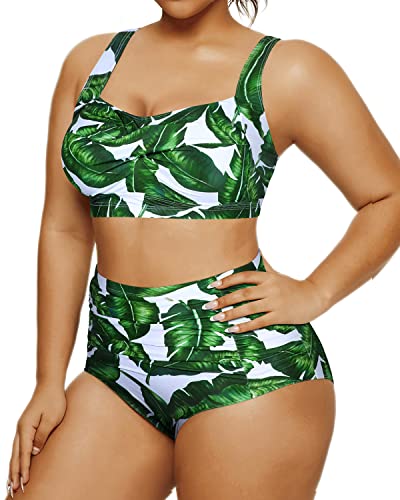 Two Piece Retro High Waisted Swimsuit Ruched Bottom-Green Leaf